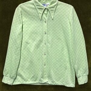 True Vintage 1970s Pastel Lime Geometric print Dagger Collar Blouse L/XL